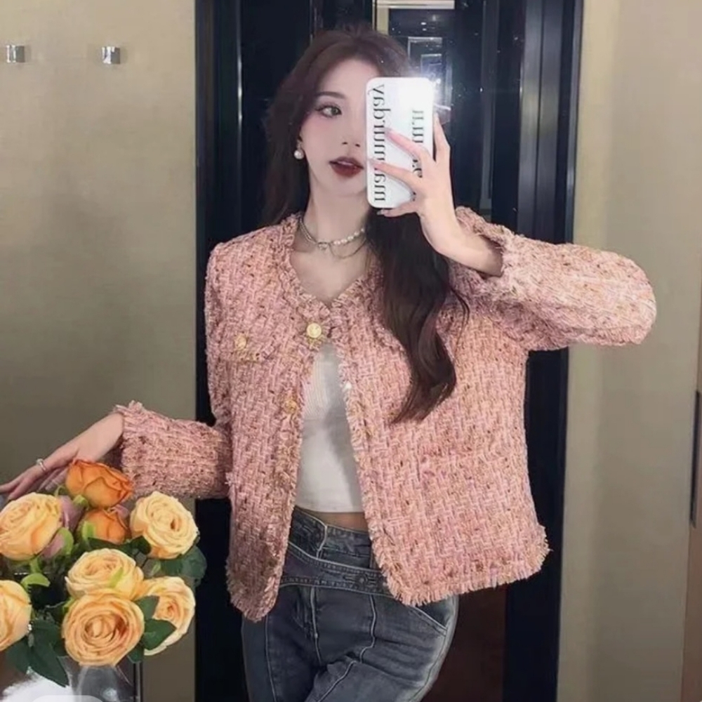Elegant Pink Tweed Blazer Jacket